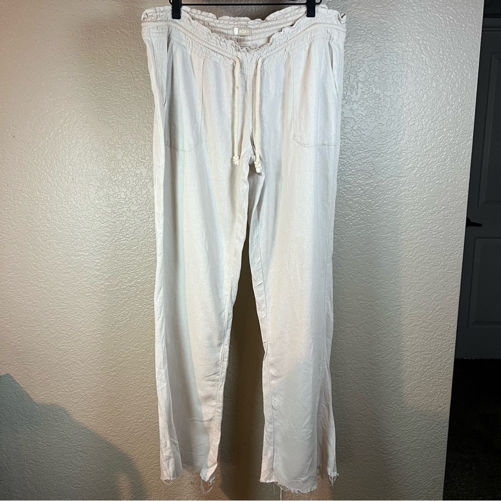 ROXY Pants  XL Flax Linen Flared Lounge Drawstring Elastic Waist Off Beige